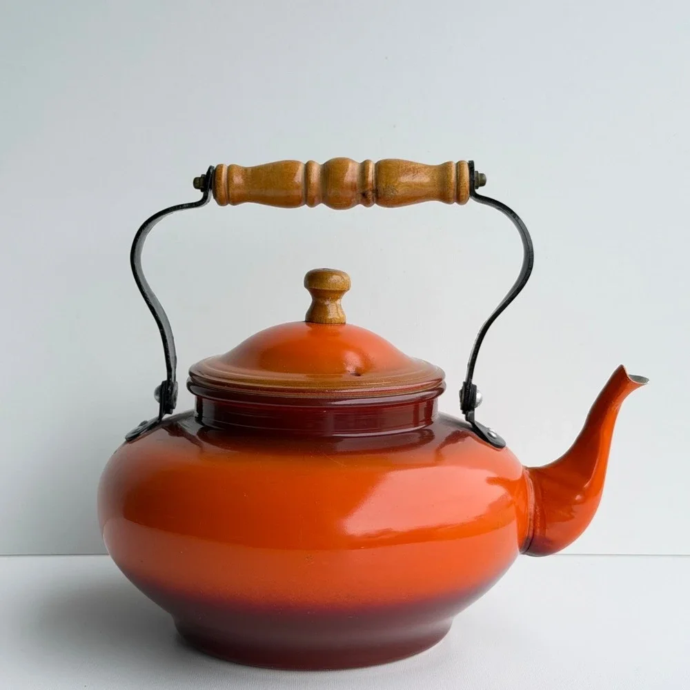 Vintage Enamel Tea Kettle Orange Ombre Wood Handle Stovetop Pot Made in Taiwan